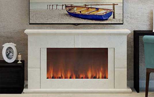Electric Fireplace with white stone surround mantel and small hearth.  Above the mantel is a beautiful blue boat with the ocean in the background.  The boat is tied to a fence.