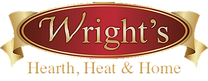 Wright's Fireplaces Logo with ribbons on each side of oval.