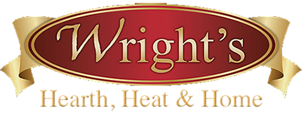 Wright's Fireplaces Logo with ribbons on each side of oval.