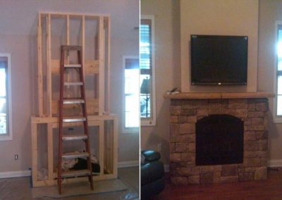 Custom Fireplace, Before and After. The first picture is the framework with a ladder and the 2nd is the completed fireplace with a tv above the mantel.