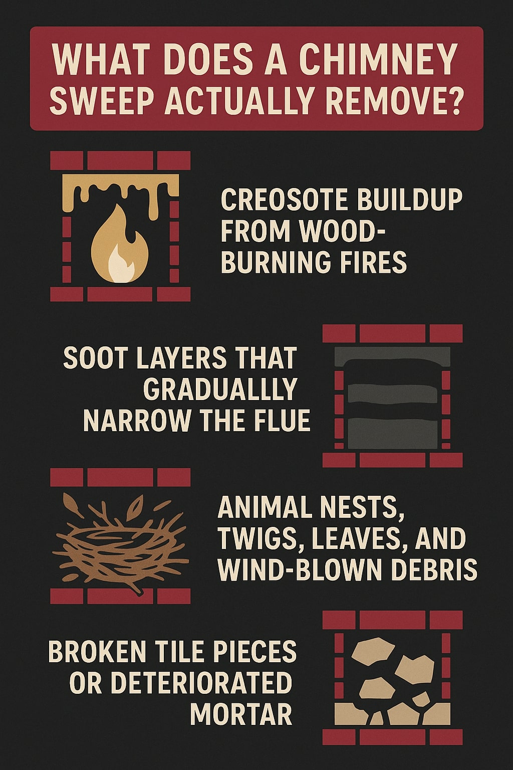 original infographic showing a dark charcoal background with bold cream and deep red text blocks; the top features a large red banner with the title “WHAT DOES A CHIMNEY SWEEP ACTUALLY REMOVE?” followed by four illustrated sections arranged vertically, each framed with red brick graphics: the first shows a tan flame beneath dripping creosote beside the text “CREOSOTE BUILDUP FROM WOOD-BURNING FIRES,” the second shows layered gray soot narrowing a flue beside the text “SOOT LAYERS THAT GRADUALLY NARROW THE FLUE,” the third displays a brown bird’s nest with scattered twigs beside the text “ANIMAL NESTS, TWIGS, LEAVES, AND WIND-BLOWN DEBRIS,” and the fourth shows cracked tan tiles inside a brick frame next to the text “BROKEN TILE PIECES OR DETERIORATED MORTAR,” all using a consistent muted color palette of cream, tan, red, gray, and black to convey what chimney sweeps remove.